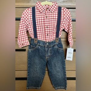 Carter’s Just One You Plaid Flannel Body Suit & Denim Suspender Set Size 12 M